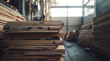 Obraz premium Stack of neatly arranged wooden boards in a spacious warehouse illuminated by natural light, showcasing textures and varying wood grain patterns.
