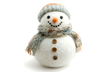 Cheerful snowman with a carrot nose, cozy scarf, and buttons, isolated on a white background. Perfect for festive designs, winter themes, and holiday projects