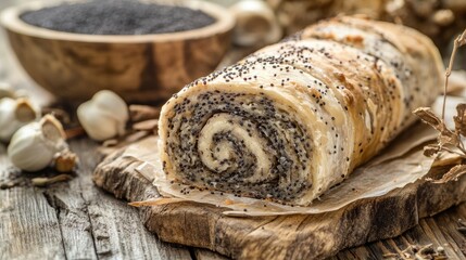 Poppy seed roll cake displayed on rustic wooden table with traditional strudel and poppy heads in the background, highlighting its swirled pattern and texture.