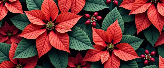A red and green flower arrangement with red flowers in the center. The flowers are surrounded by green leaves