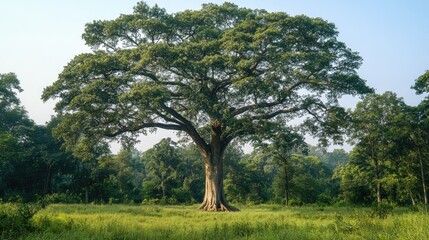 Obraz premium Lush tall tree with expansive canopy standing proudly in a serene, green forest glade surrounded by vibrant foliage and grassy undergrowth.