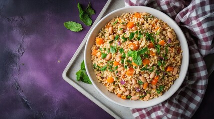 Millet salad with tomatoes, beans, carrots, and spices garnished with fresh mint in a white bowl on a concrete tray with a checkered linen towel.