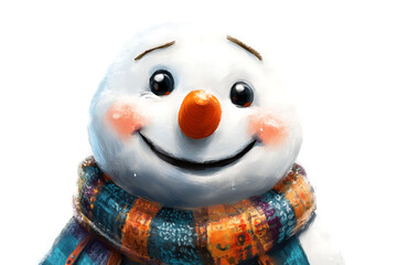 Cheerful snowman with a carrot nose, cozy scarf, and buttons, isolated on a white background. Perfect for festive designs, winter themes, and holiday projects