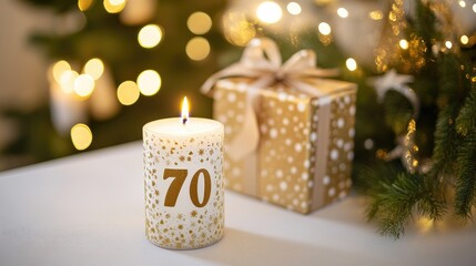 Gold-themed celebration candle featuring the number 70 with a decorative gift box and festive bokeh lights in the background.