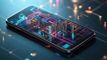 A sophisticated smartphone features a vibrant holographic display showcasing a detailed cityscape at night. Neon lights illuminate the futuristic buildings, creating an immersive visual experience