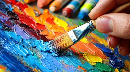 Fototapeta premium Creative Artist Painting with Colorful Brush Strokes Close-up Shot