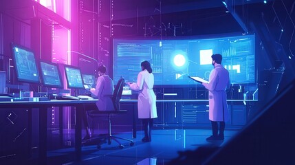 In a futuristic laboratory, a team of scientists examines complex data on multiple monitors while discussing findings. The environment is filled with advanced technology and vibrant lighting