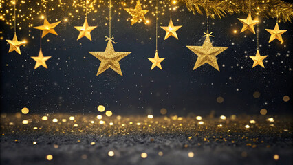 Christmas background design with yellow glowing stars and gold glitter or confetti. Dark backdrop with space for text. Vector flyer or banner template.