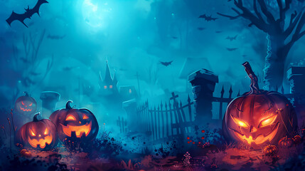 Naklejka premium Dark pumpkin patch at twilight with scarecrows and autumn leaves.