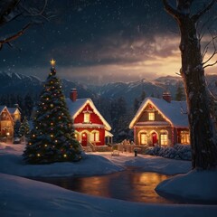 Christmas tree with gifts and snow