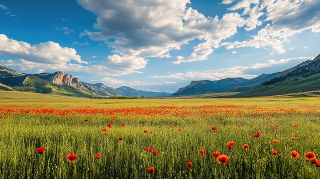 Vibrant summer meadow featuring a sea of blooming red poppies under a bright blue sky with fluffy clouds and distant rolling mountains.