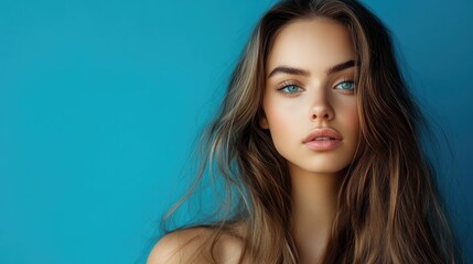 Naklejka premium Portrait of a woman with long flowing hair, striking blue eyes, and soft features against a vibrant blue background, showcasing natural beauty and elegance.