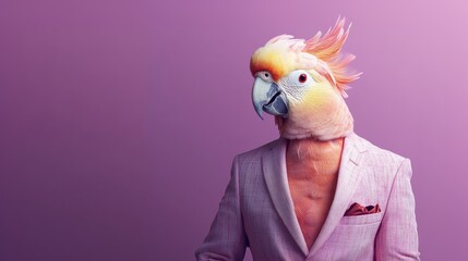 Anthropomorphic cockatoo in pastel suit standing against vibrant pink background, bold and whimsical design concept showcasing confidence and creativity.