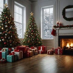 Christmas tree with gifts and snow