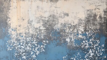 Obraz premium Delicate floral motifs emerge from a textured background of muted gray and soft blue, creating a harmonious blend that inspires tranquility and artistic reflection