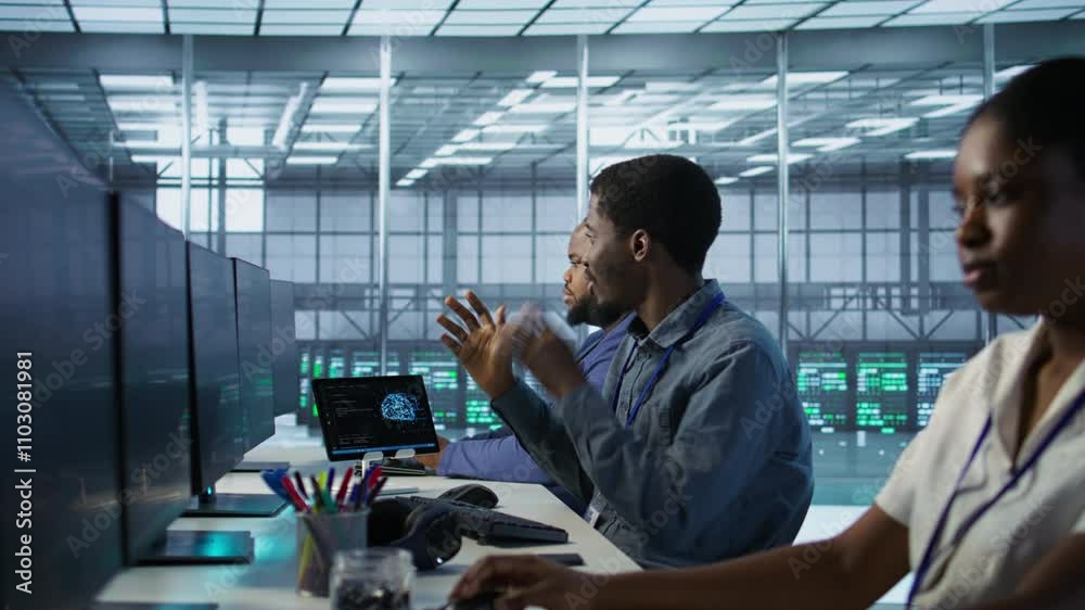 Poster data center software developer maintaining company network infrastructure by configuring and trouble