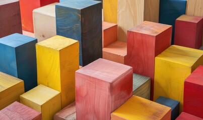 Abstract vivid wooden block patterns in pink, blue, and yellow tones on the background