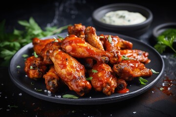 Fototapeta premium Chicken wings with BBQ sauce and blue cheese on a rustic concrete table
