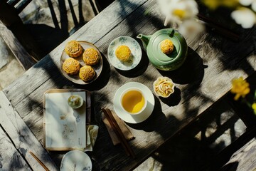 Chinese Tea and Dessert: A table set with an assortment of Chinese desserts