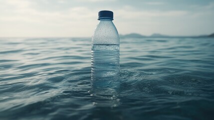 Plastic water bottle floating in calm ocean waters, symbolizing the urgent plastic pollution crisis and its impact on marine environments.