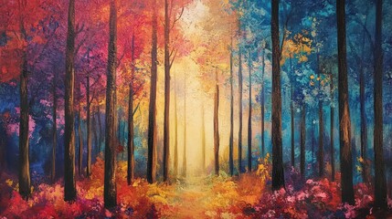 Obraz premium A serene forest landscape illuminated by soft dawn light. Vivid autumn leaves in shades of red, orange, and yellow create a colorful canopy over the path leading through the trees
