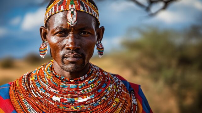 Samburu tribesman in colorful traditional attire adorned with intricate beaded jewelry and distinctive elongated earlobes, reflecting rich cultural heritage.