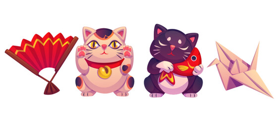 Maneki lucky cat. Japanese fortune neko toy vector. Chinese money luck kawaii character. Kitty symbol in asia culture wearing collar with bell. Rich mascot with fish in paw symbolic graphic.