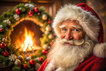 Santa smiling near decorated fireplace at Christmas