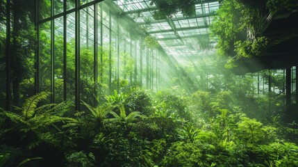Fototapeta premium Sunlight filters through a vast glass ceiling, illuminating diverse ferns and plant life in a thriving indoor garden. The vibrant greenery creates a tranquil and refreshing environment