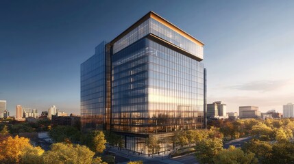 A modern office building with a sleek glass exterior.