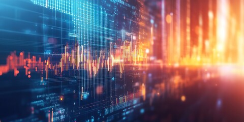 Obraz premium Futuristic digital financial chart hologram in neon blue and red