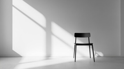 Minimalist black chair against a bright white wall, featuring sunlight shadows and spacious empty area ideal for text placement.