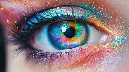 Close-up view of a striking eye featuring a surreal, multicolored iris and vibrant makeup with shimmering and cinematic color effects.