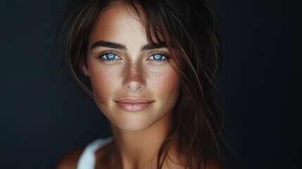 Obraz premium Smiling woman with ocean blue eyes and tousled hair radiates warmth against a rich dark background, showcasing natural beauty and confidence.