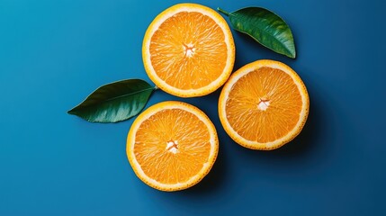 Fototapeta premium Freshly sliced orange rounds with green leaves arranged artistically on a vibrant blue gradient background, highlighting their bright color and texture.
