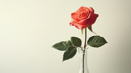 Fototapeta premium Elegant rose flower in a clear vase on a soft white background, offering ample blank space for text and creative design elements.