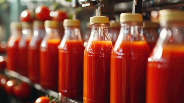 Tomato juice filling machine in action with neatly arranged bottles filled with vibrant red juice, showcasing industrial efficiency and fresh tomatoes in the background.
