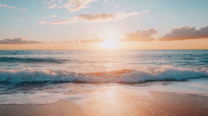 Serene Golden Sunset Illuminating Calm Ocean Waves with a Tranquil Sky and Gentle Shoreline