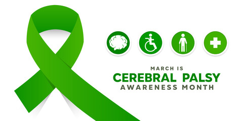 March is Cerebral Palsy Awareness Month. Ribbon, brain, people and plus icon. Great for cards, banners, posters, social media and more. White  background.