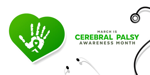 March is Cerebral Palsy Awareness Month. Heart, hand, ribbon and stesthoscope. Great for cards, banners, posters, social media and more. White  background.