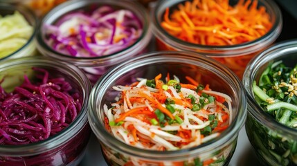 Fototapeta premium Vibrant assortment of spicy Korean vegetable pickled salads in glass jars showcasing colorful ingredients and traditional Asian flavors