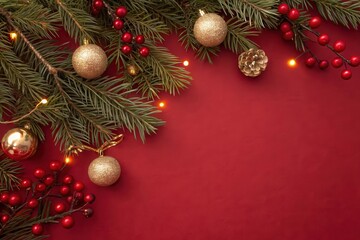 A Festive Christmas Border of Evergreen Branches, Gold Ornaments, and Red Berries on a Deep Red Background