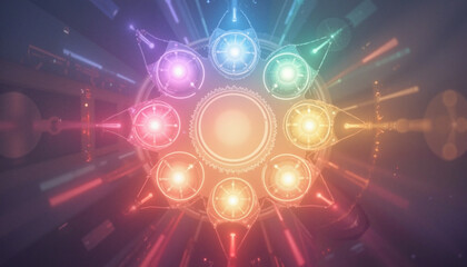 Obraz premium Colorful abstract design, mystical mood, featuring glowing circles and light beams, digital art