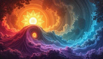 Vibrant abstract landscape, mystical mood, featuring sun and waves, colorful digital art
