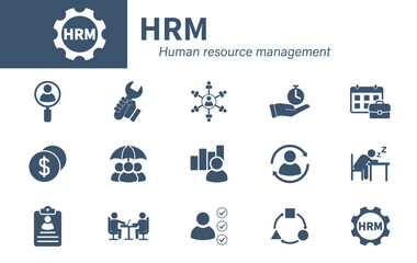 HRM icon. Collection of solid vector icons themed on recruitment, office work, HR analytics, diversity, interview.