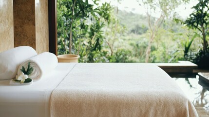 Serene spa retreat with luxurious bed overlooking tropical garden view