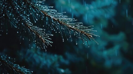 Pine Needles Glimmering with Water Droplets in Rainy Weather Captivating Macro View of a Blue-Toned Forest Landscape
