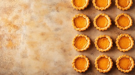 Homemade pumpkin tartlets arranged in a row on a textured background, showcasing a healthy autumn dessert with ample space for promotional banners.