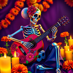 Skeleton Guitarist in Vibrant Day of the Dead Celebration Scene