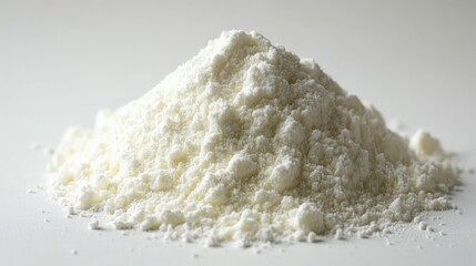 Powdered milk mound captured from above, showcasing its fine, white texture against a clean, light background.